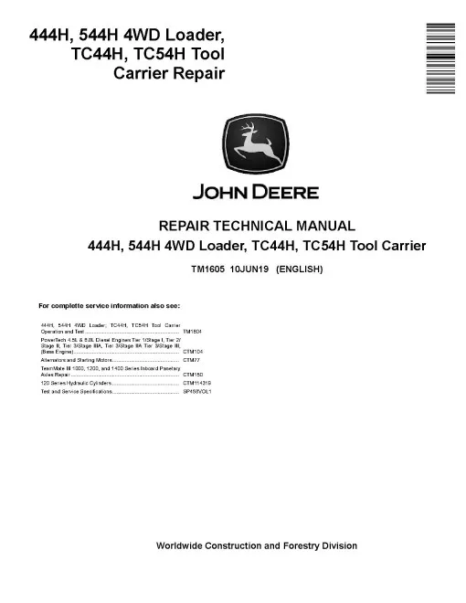 John Deere 444H, 544H Loader and TC44H, TC54H Tool Carrier Technical Manual
