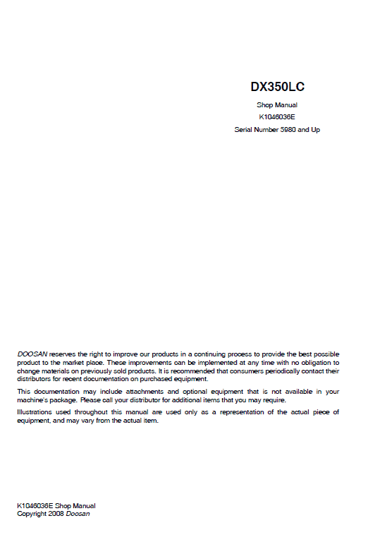 Doosan DX350LC Excavator Service Repair Manual