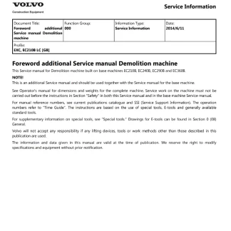Volvo EC210B LC EC210BLC Excavator Service Manual